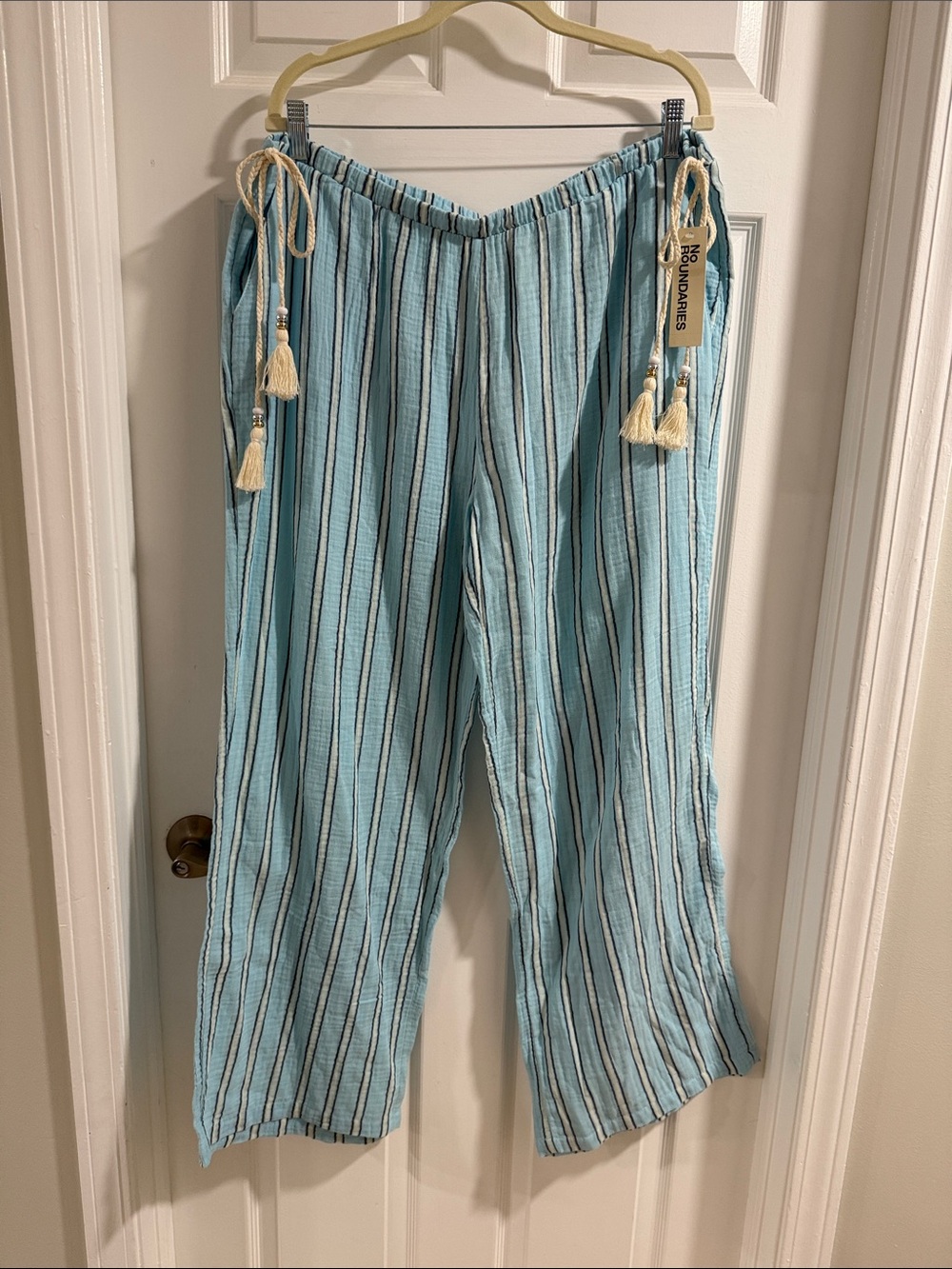 No Boundaries Aqua & White Striped Wide-Leg Pants with Tassel Ties